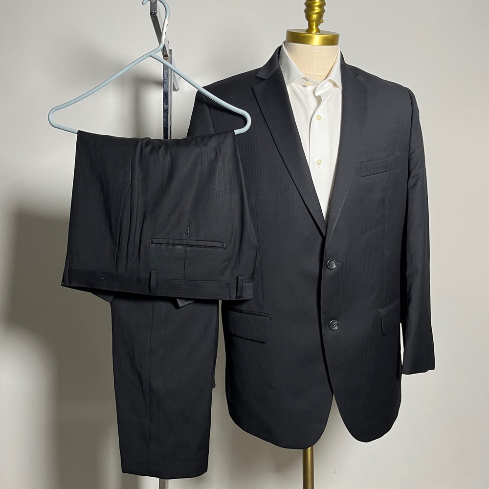 Marc‎ Anthony Suit Mens 44R 36W Black Solid Wool 2-Button Notch Lapel Side Vent